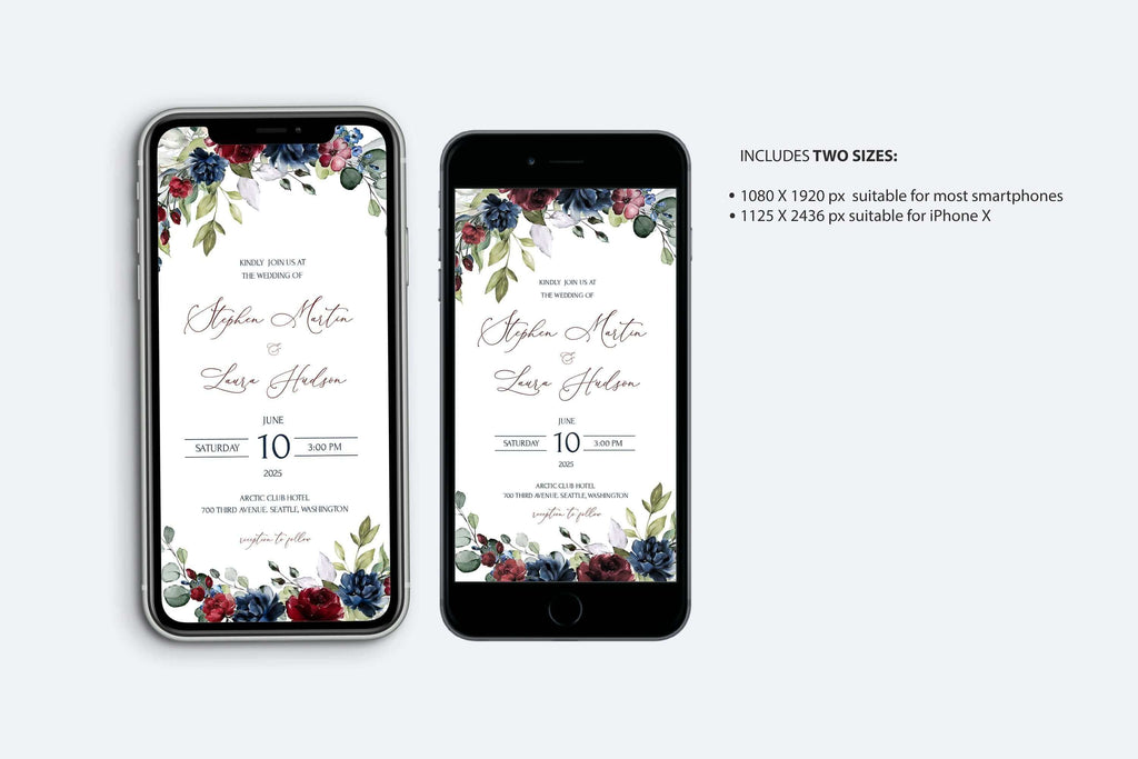 LPE0134 Electronic Wedding Invitation Template, Burgundy & Navy Blue, Editable