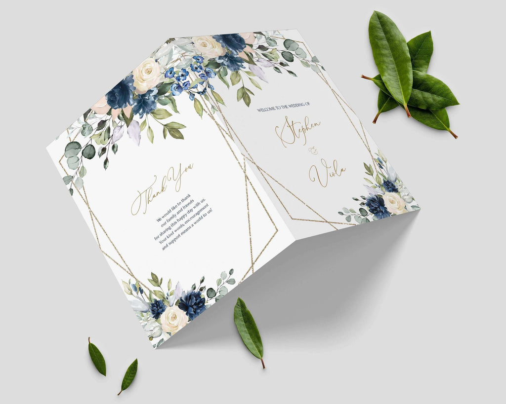 LPE0150 Wedding Program Template, Navy Blue & Soft Pink, Geometric Printables