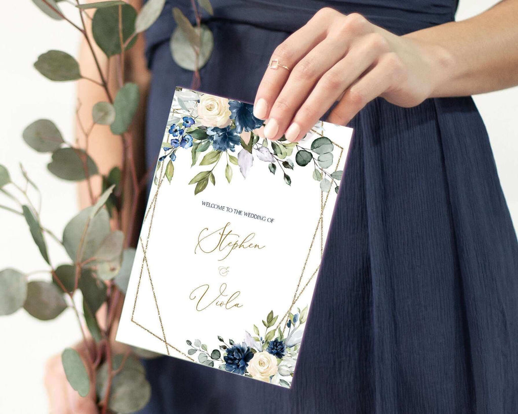 LPE0150 Wedding Program Template, Navy Blue & Soft Pink, Geometric Printables