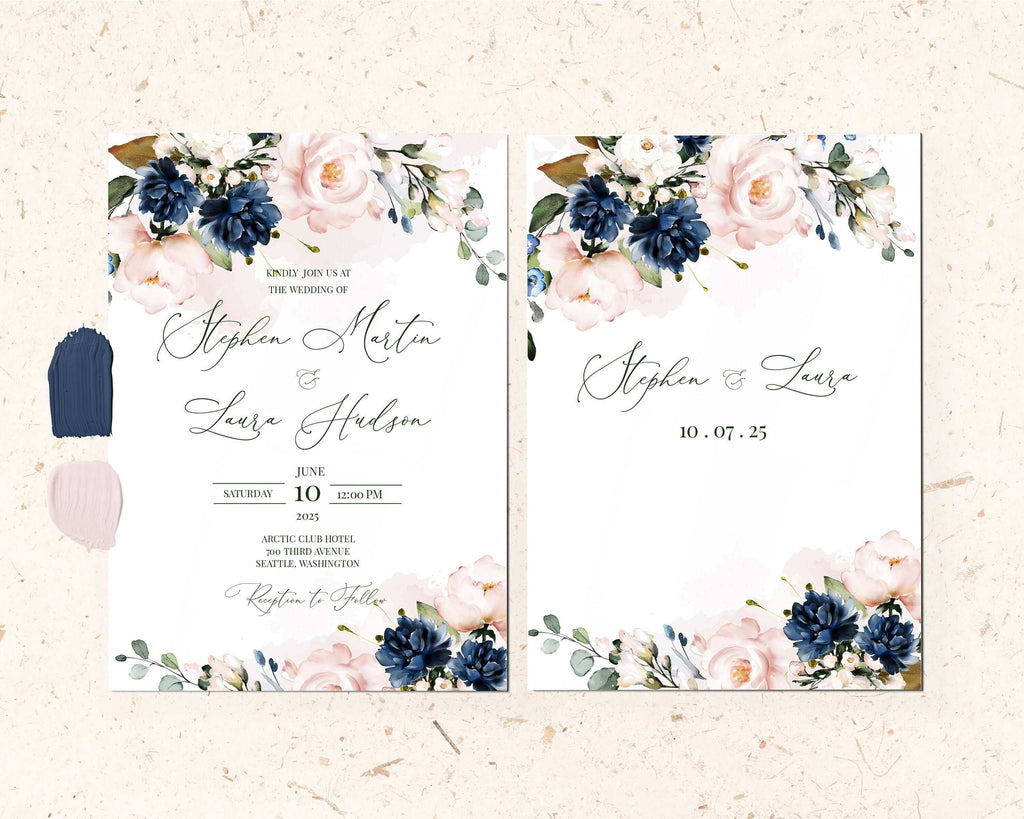 LPE0157 Wedding Invite & Response | Navy Blue & Pink Flowers | DIY Printables