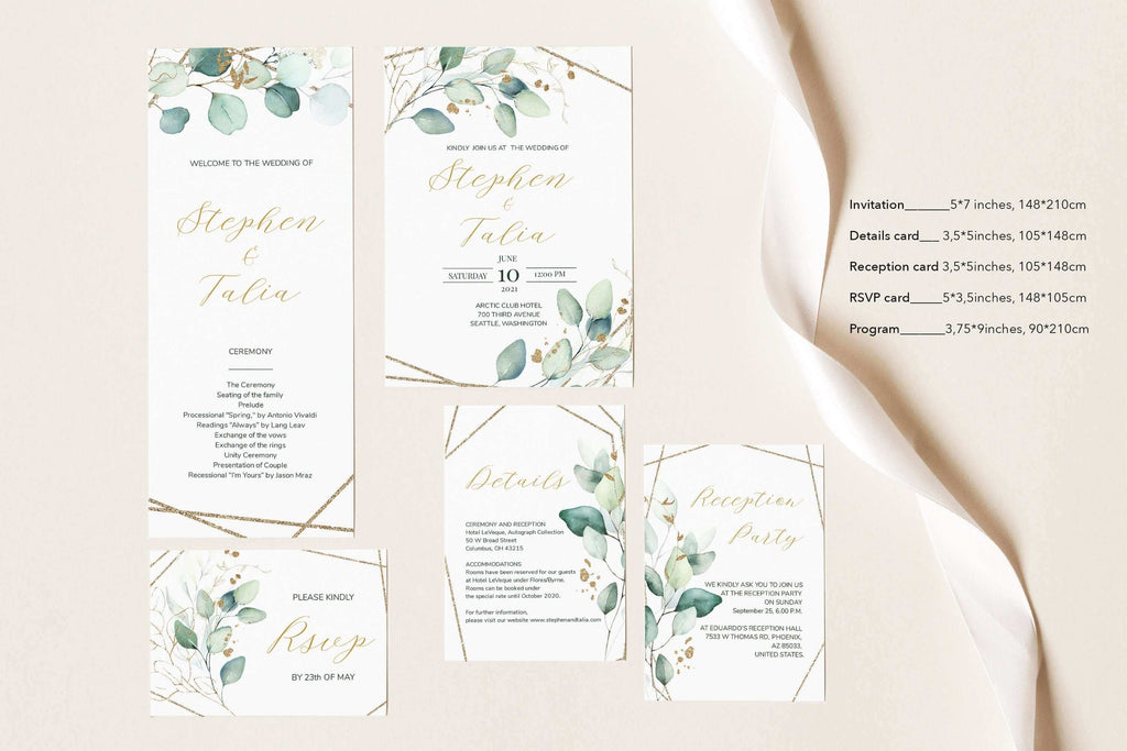 LPE0158 Wedding Invitation Set | Green & Gold | Geometric Editable Printables