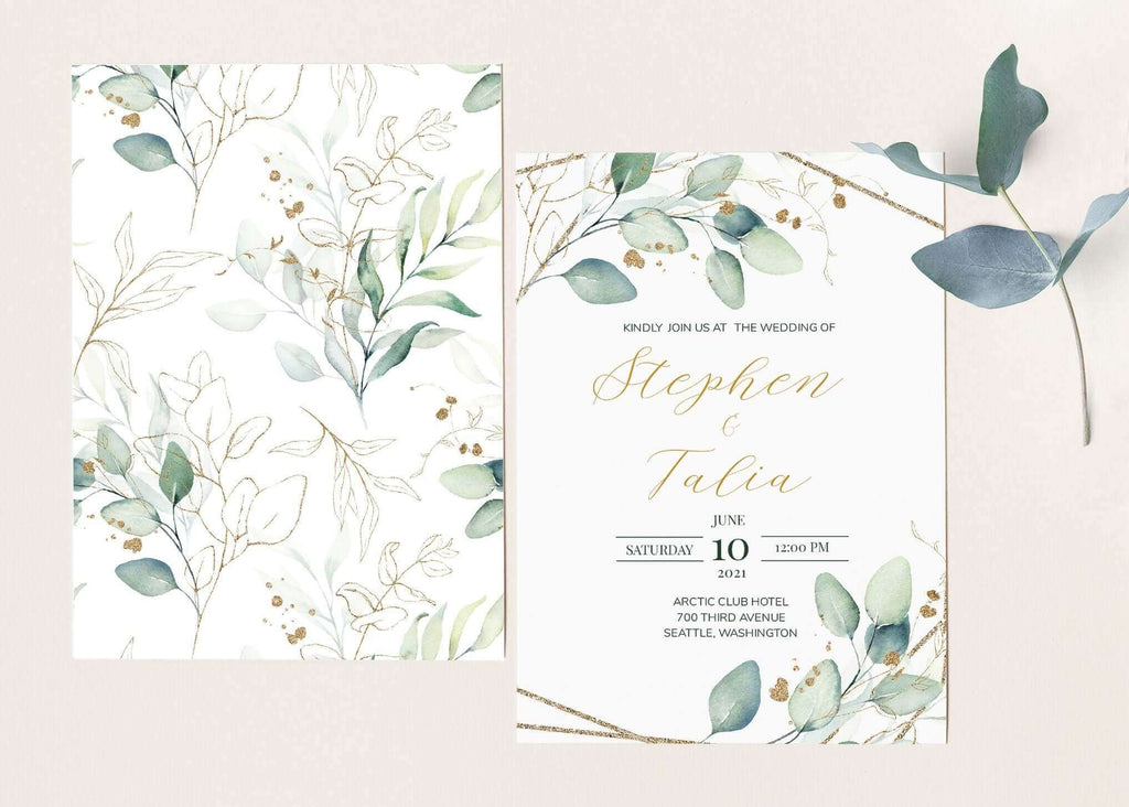 LPE0158 Wedding Invitation Set | Green & Gold | Geometric Editable Printables