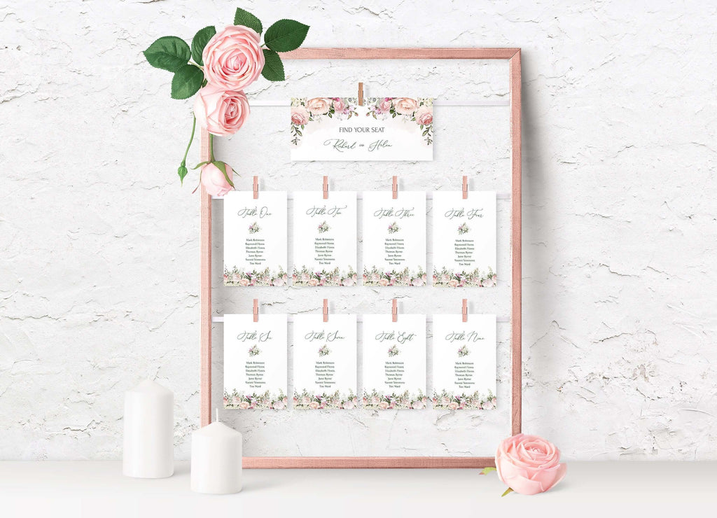 LPE0166 Wedding Seating Chart | Pink Floral DIY Wedding | Editable Printables