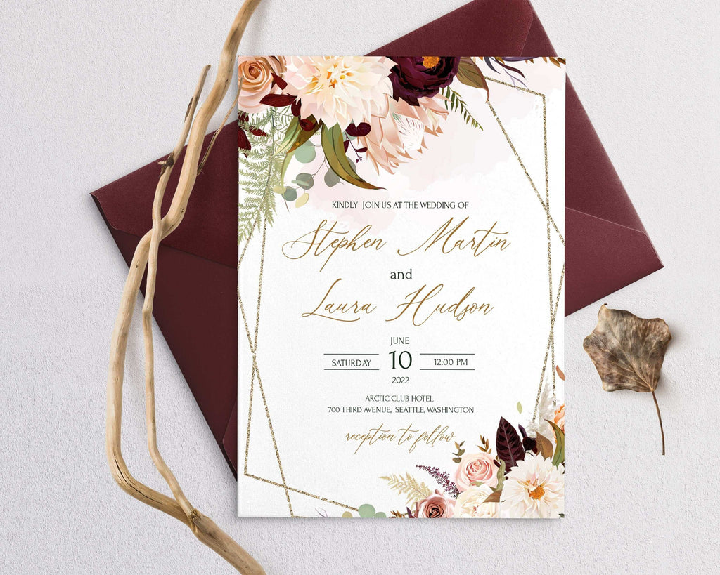 LPE0172 Rustic Wedding Invitation, Burgundy & Blush Flowers, DIY Printables