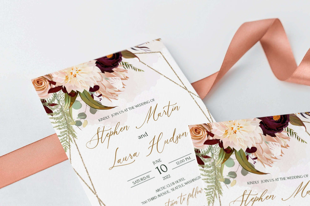 LPE0172 Rustic Wedding Invitation, Burgundy & Blush Flowers, DIY Printables