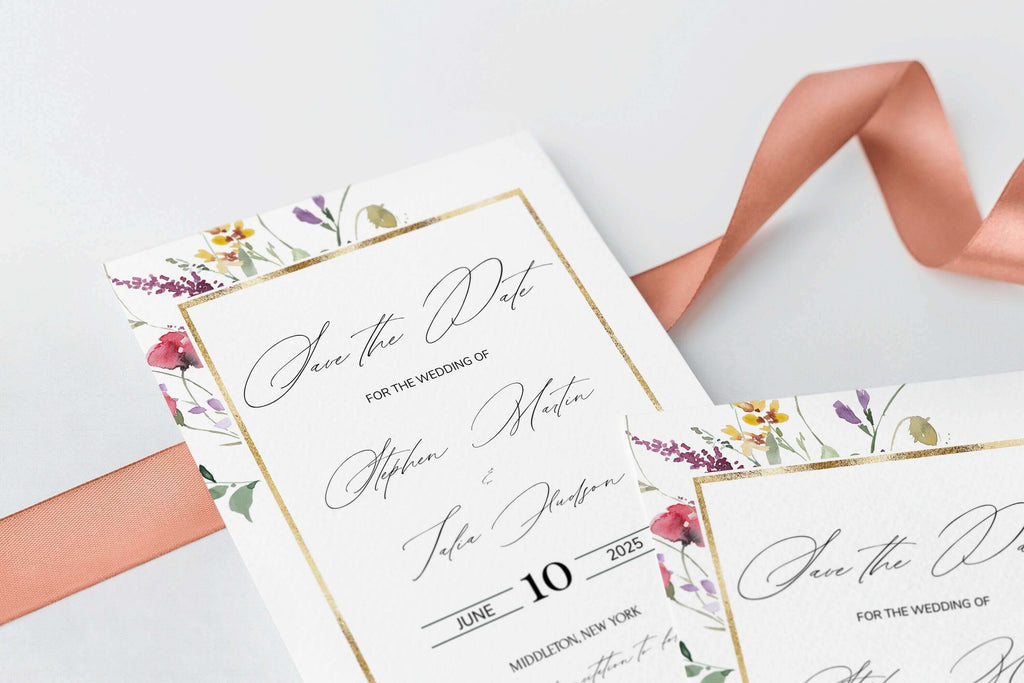 LPE0173 Save The Date Template, Pink Flowers & Gold Frame, Rustic Printables