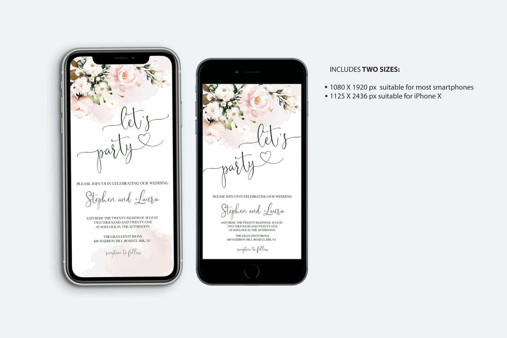 LPE0177 Let’s Party Evite, Blush Pink Floral Wedding, Editable Templates