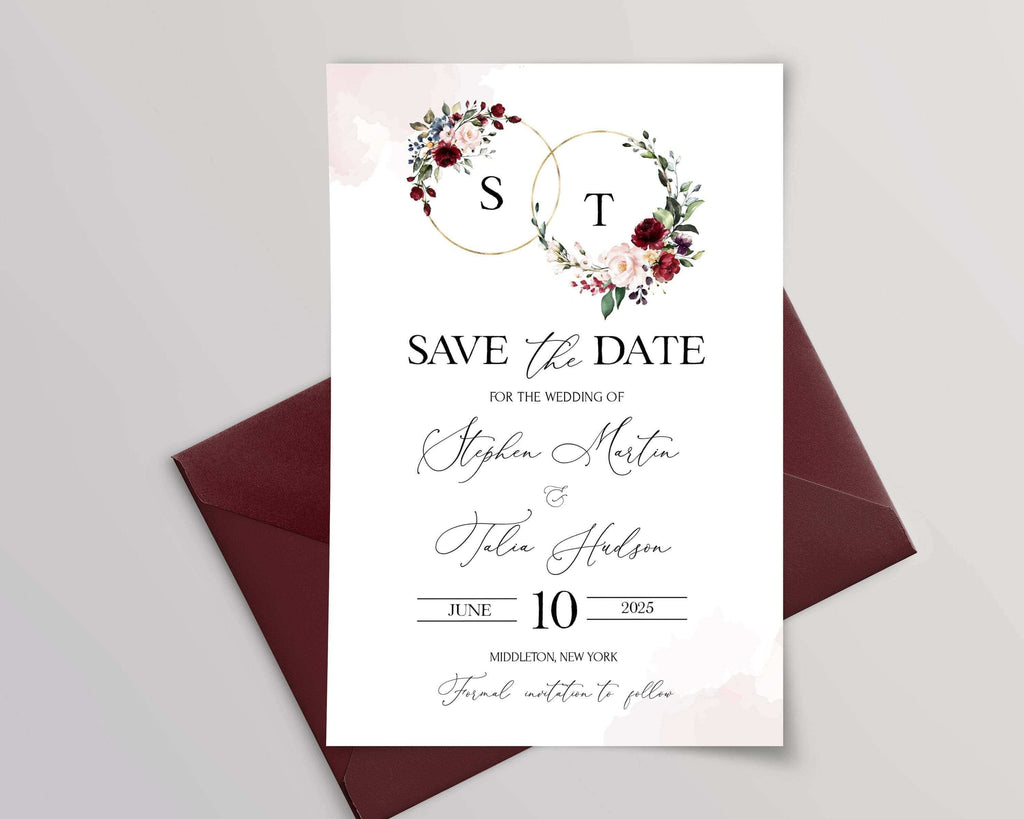 LPE0187 Save The Date Template, Burgundy and Soft Pink Wedding, DIY Printables