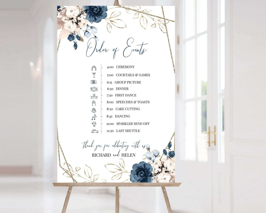 LPE0193 Wedding Timeline Sign | Order of Events | Navy Blue & Pink | Templates