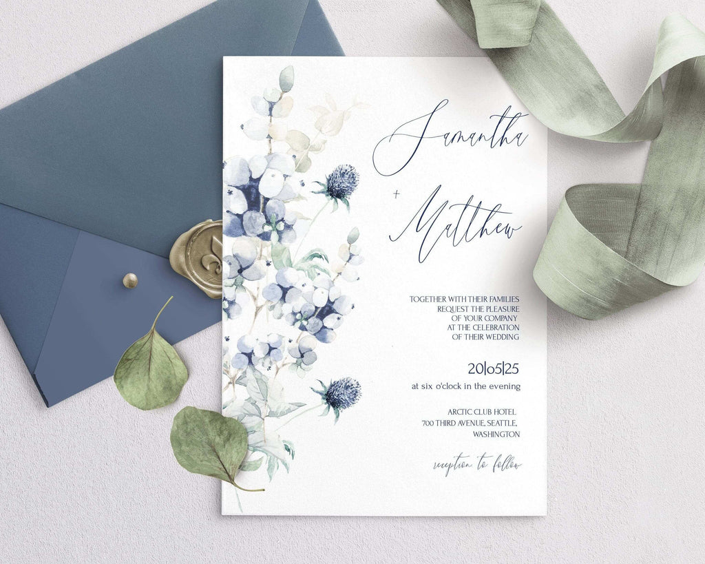 LPE0199 Wedding Invite Cards, Blue Flowers & Berries Editable DIY Printables