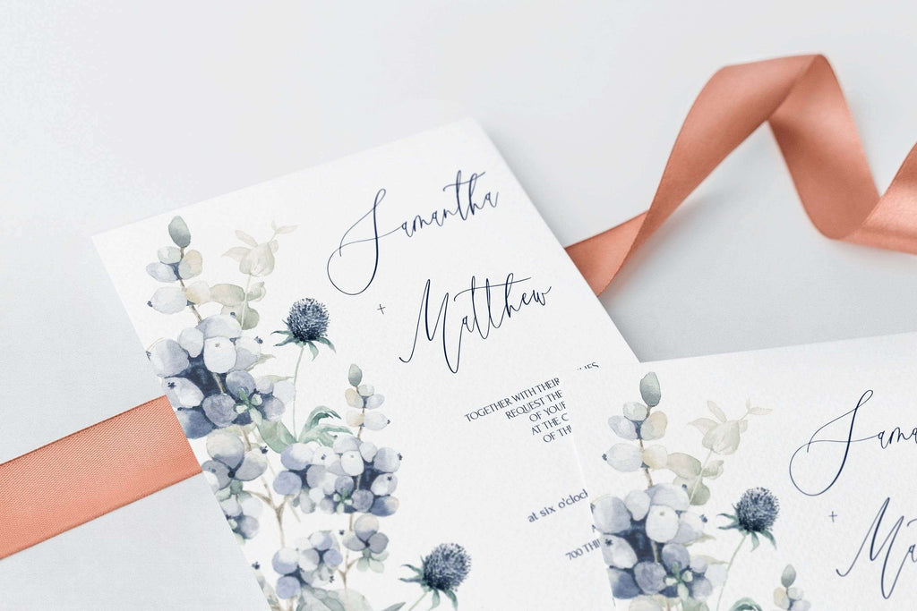 LPE0199 Wedding Invite Cards, Blue Flowers & Berries Editable DIY Printables