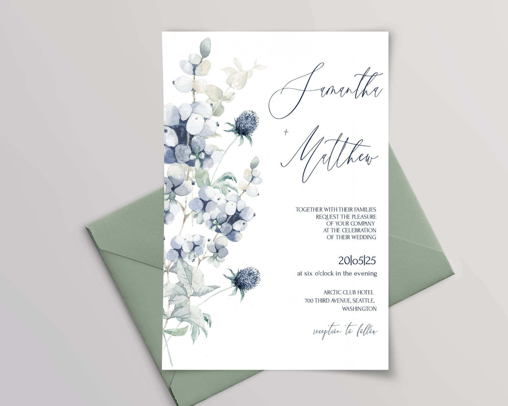 LPE0199 Wedding Invite Cards, Blue Flowers & Berries Editable DIY Printables