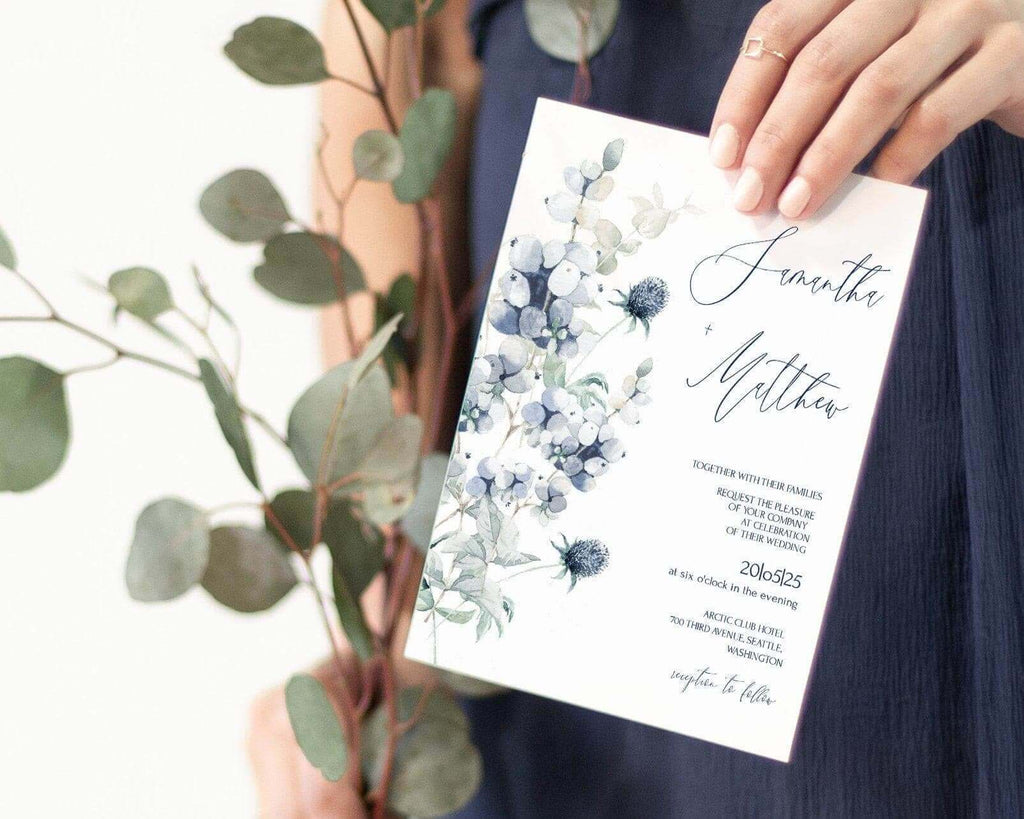 LPE0199 Wedding Invite Cards, Blue Flowers & Berries Editable DIY Printables