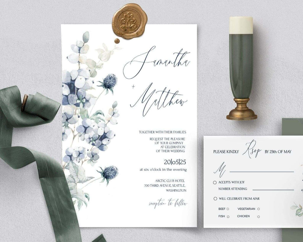 LPE0226 Wedding Invite & RSVP, Light Blue Flowers & Berries, DIY Printables