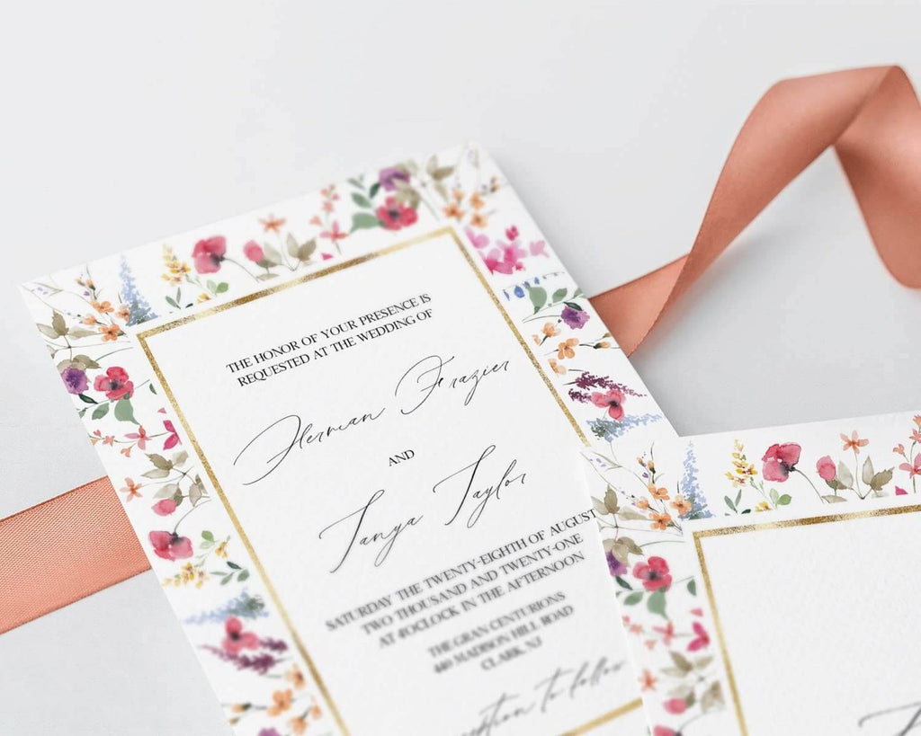 LPE0232 Wedding Invite Card | Wild Floral & Gold | Rustic DIY Printable