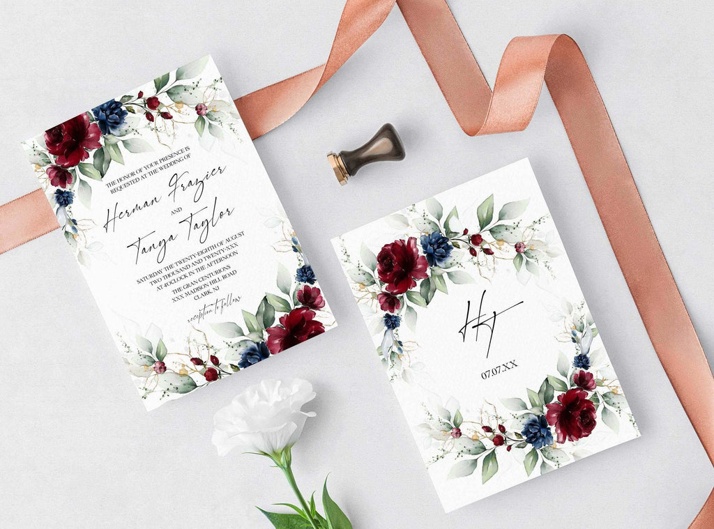 LPE0287 Wedding Invitation Card | Burgundy & Navy Blue | Editable Printables