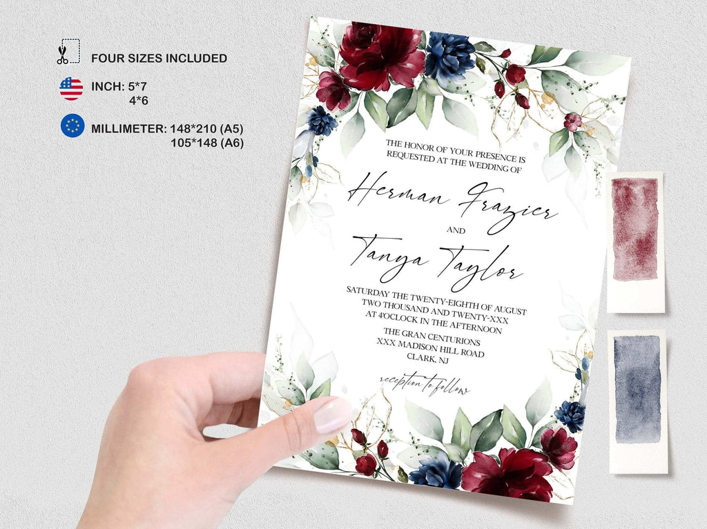 LPE0287 Wedding Invitation Card | Burgundy & Navy Blue | Editable Printables