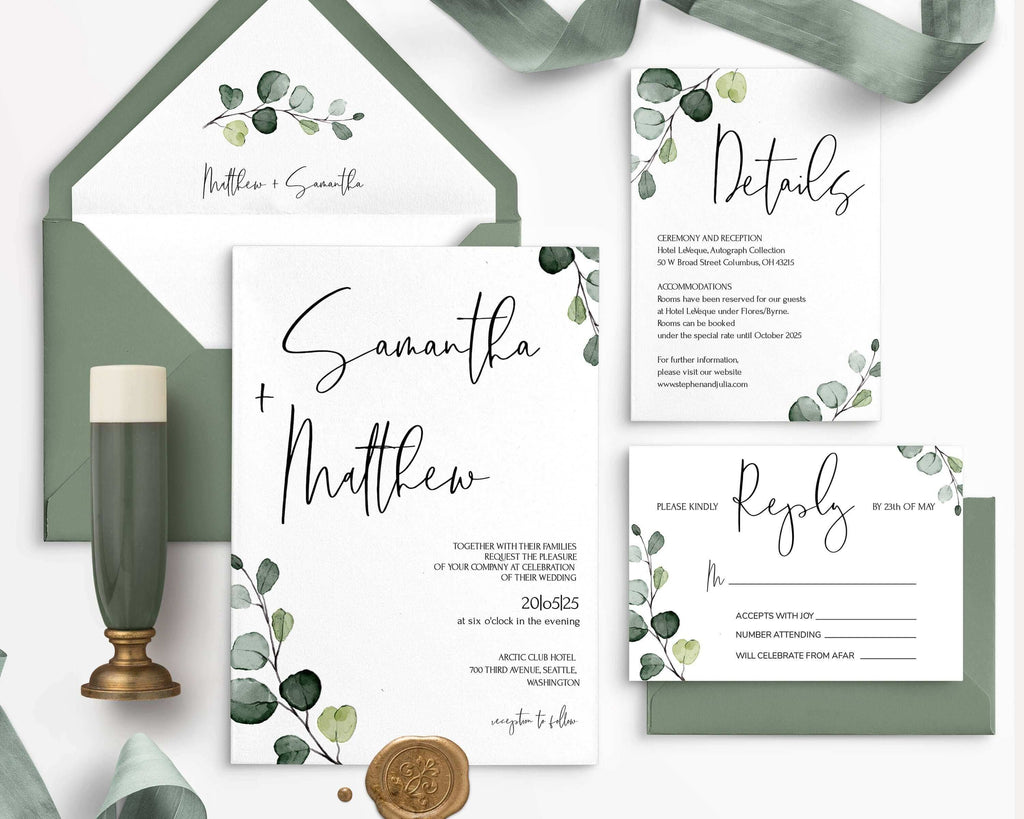 LPE0310 EVA Eucalyptus Greenery Wedding Stationery Set of  Editable Printables