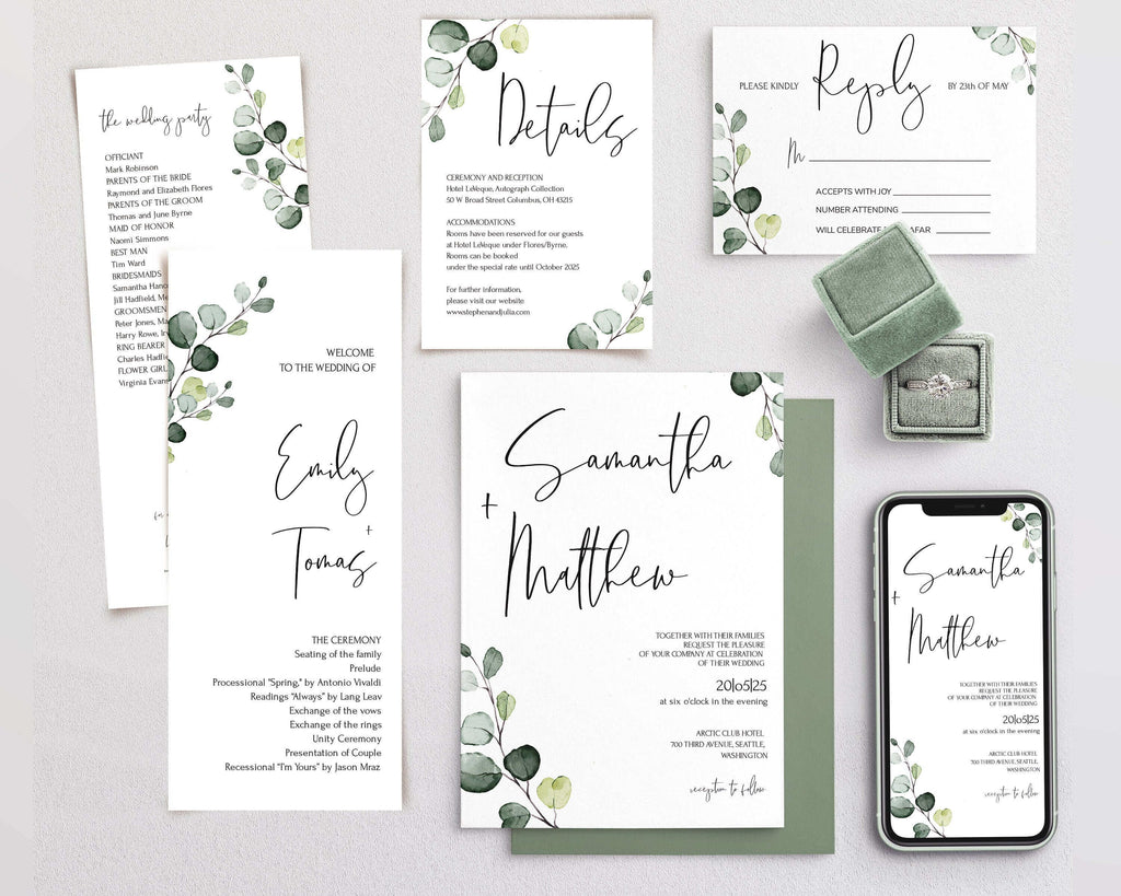 LPE0310 EVA Eucalyptus Greenery Wedding Stationery Set of  Editable Printables