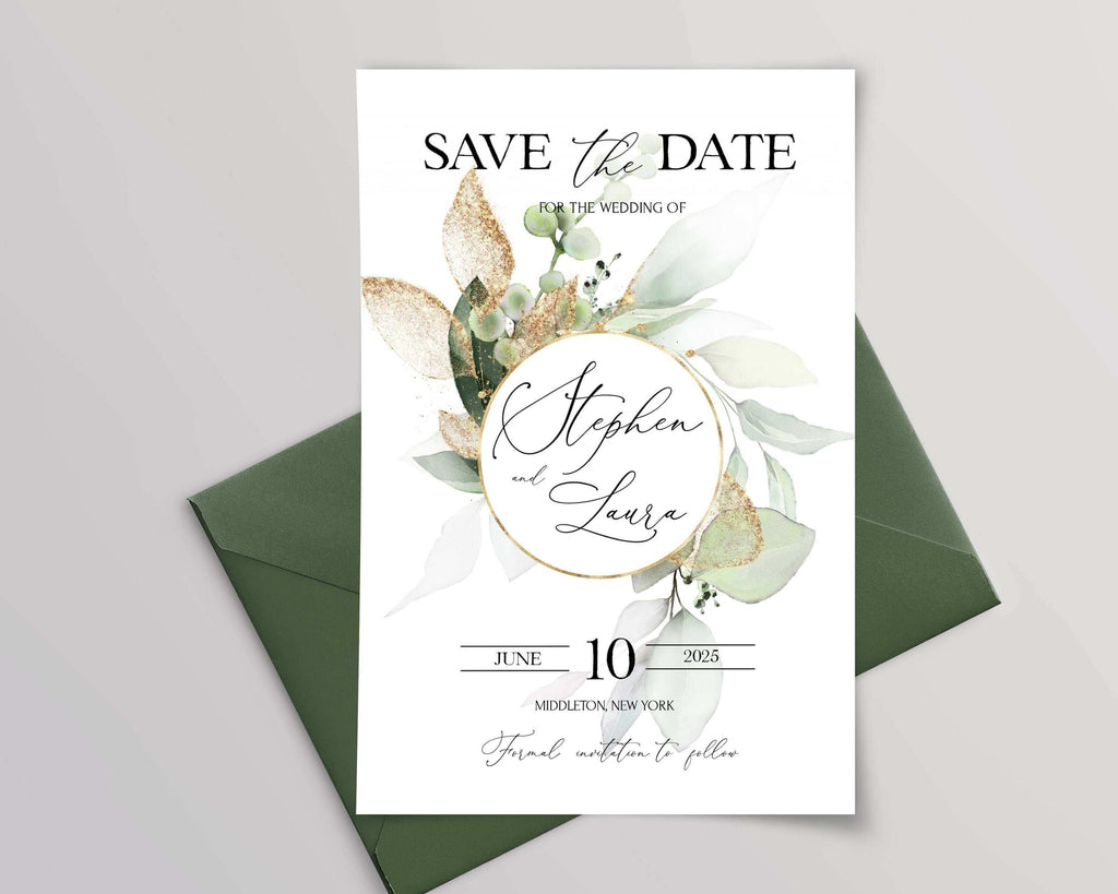 LPE0313 Save The Date Card | Sage Green & Gold | Editable DIY Printables