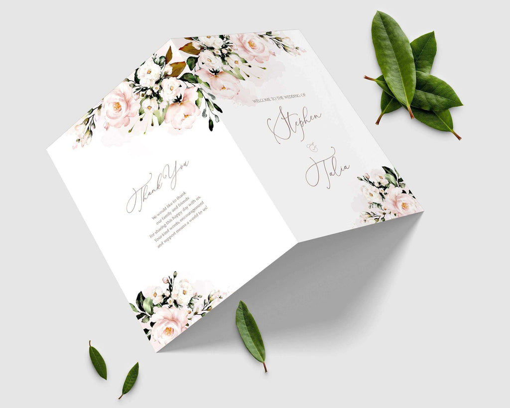 LPE0323 Folded Wedding Program | Blush Pink Floral | Editable DIY Template