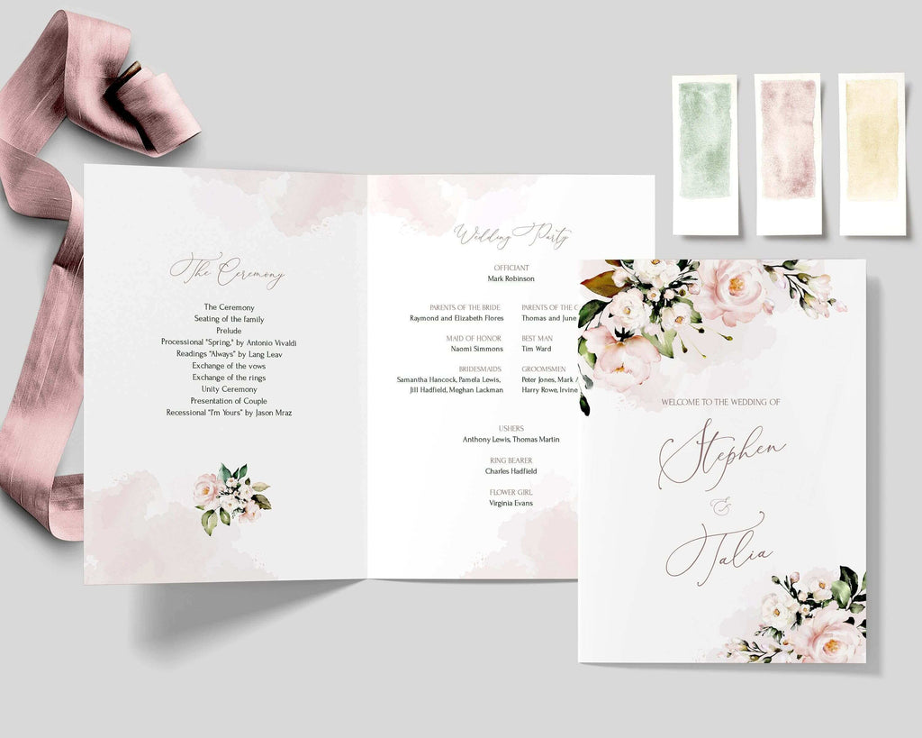 LPE0323 Folded Wedding Program | Blush Pink Floral | Editable DIY Template