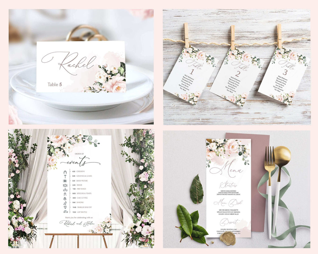 LPE0325 Wedding Stationery Templates | Blush Pink & Green | DIY Printables