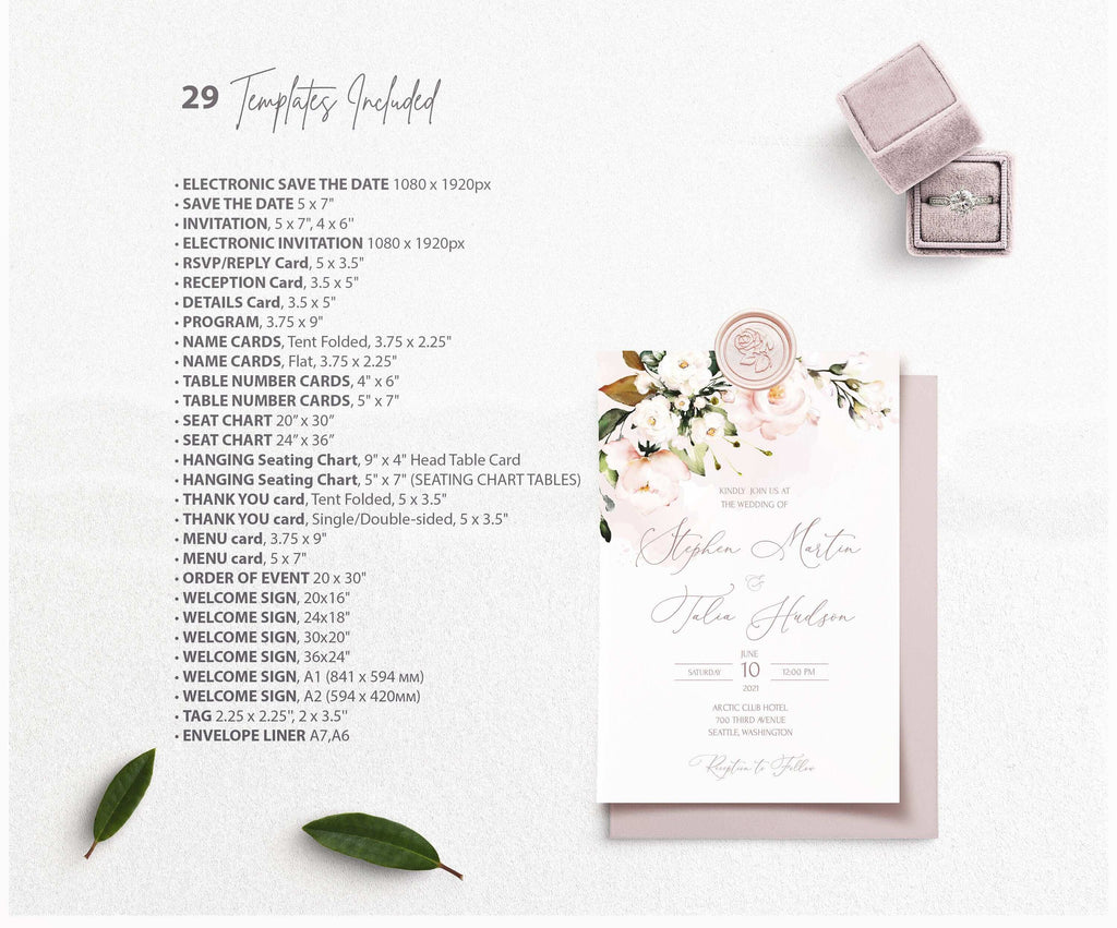 LPE0325 Wedding Stationery Templates | Blush Pink & Green | DIY Printables