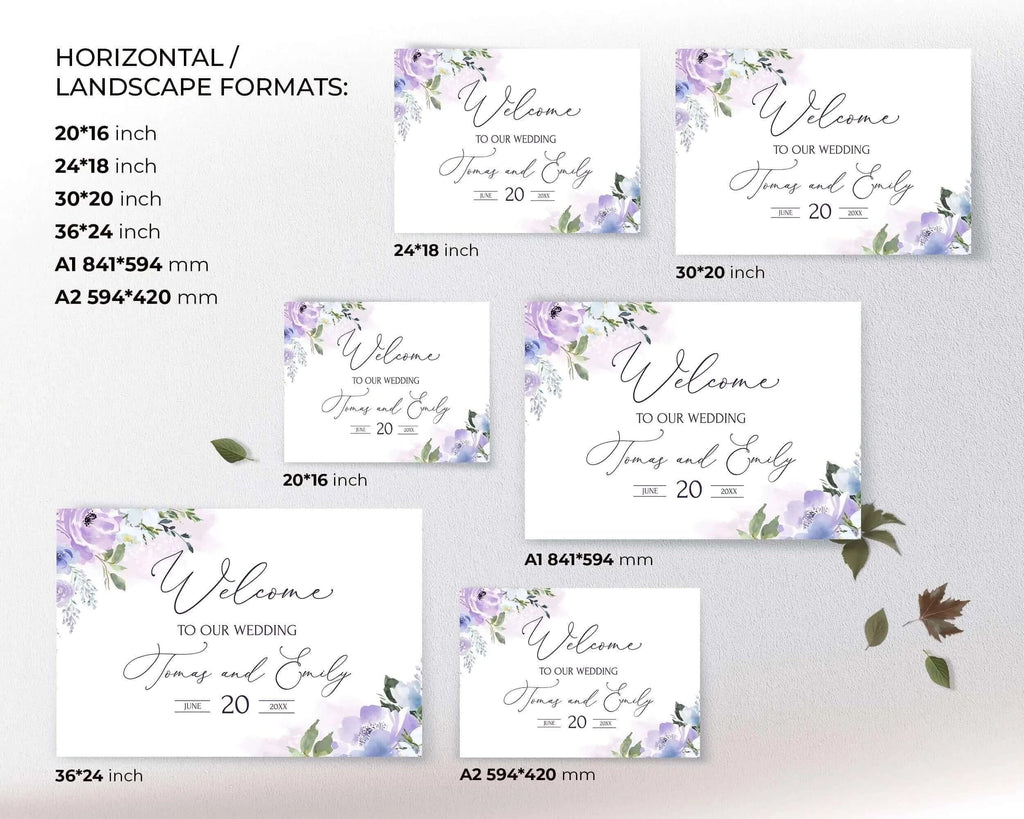 LPE0341 Custom Wedding Sign | Watercolor Purple Flowers | DIY Printables