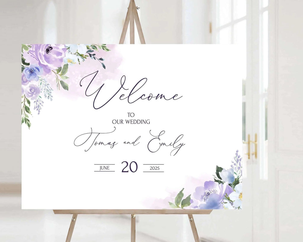 LPE0341 Custom Wedding Sign | Watercolor Purple Flowers | DIY Printables