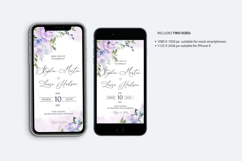 LPE0344 Digital Wedding Invites | Evite, RSVP, Details | Purple Watercolor