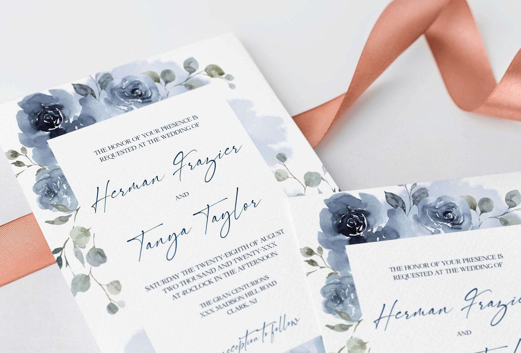 LPE0345 Wedding Invitation Templates | Dusty Blue Flowers | DIY Printables