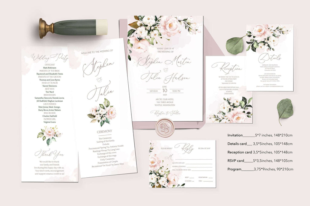 LPE0348 AVA Watercolor Blush Pink Wedding Invitation Set Editable DIY Template