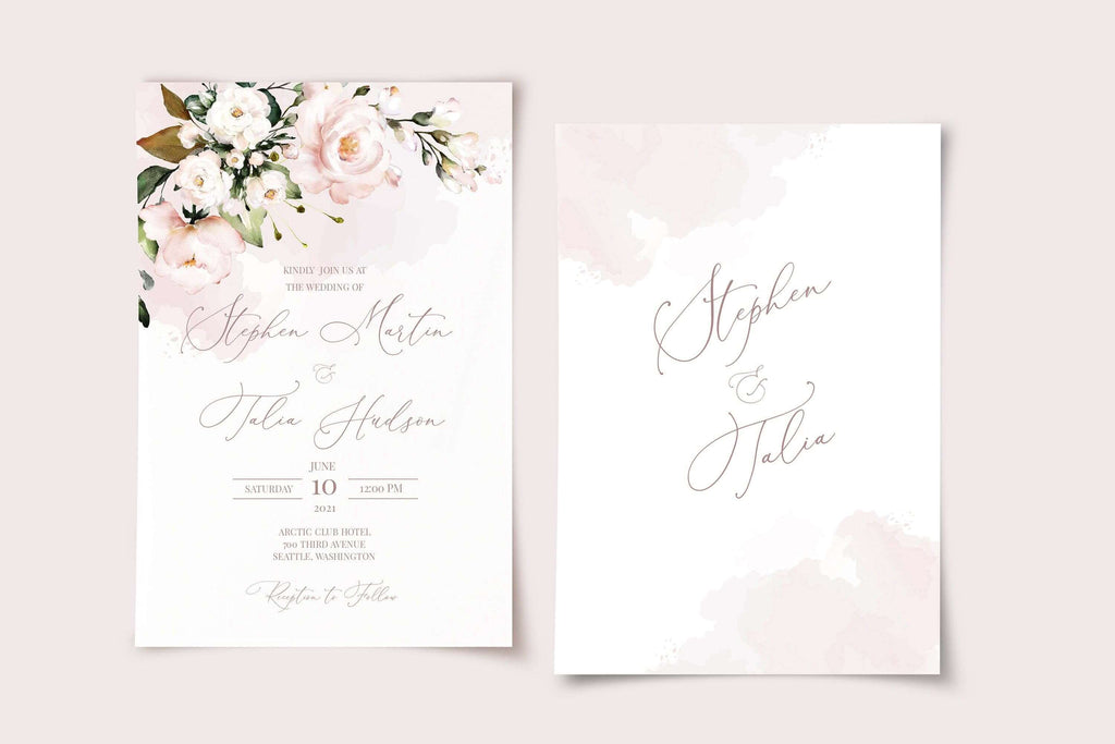 LPE0348 AVA Watercolor Blush Pink Wedding Invitation Set Editable DIY Template