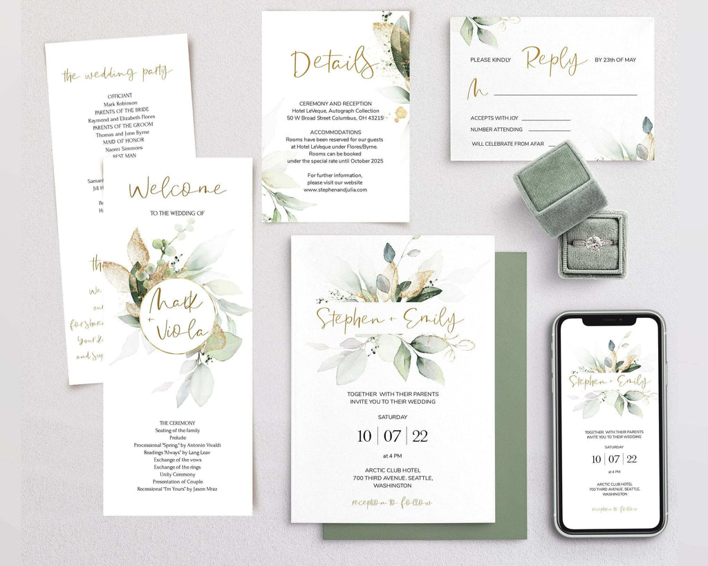 LPE0364 Wedding Stationery Suite | Sage & Gold Geometric | DIY Printables