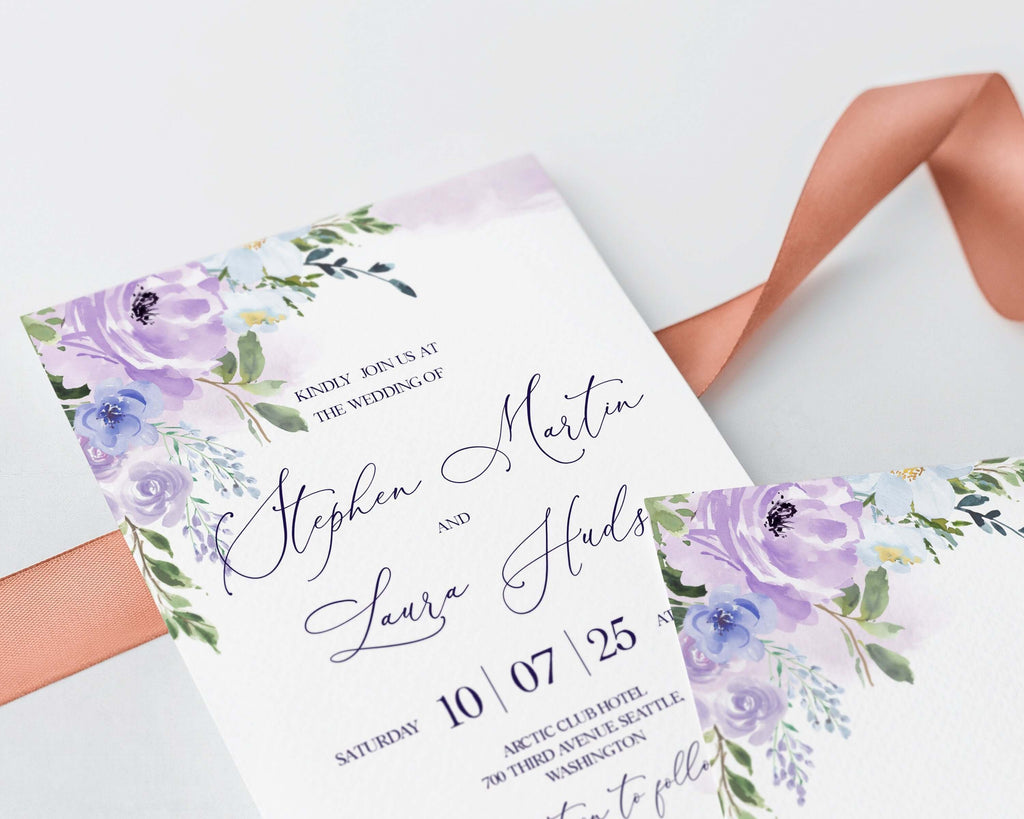 LPE0365 Invitation Card Purple Flowers Wedding  Editable DIY Printable