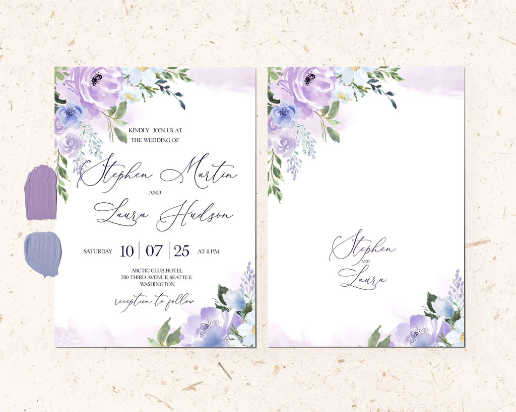 LPE0365 Invitation Card Purple Flowers Wedding  Editable DIY Printable