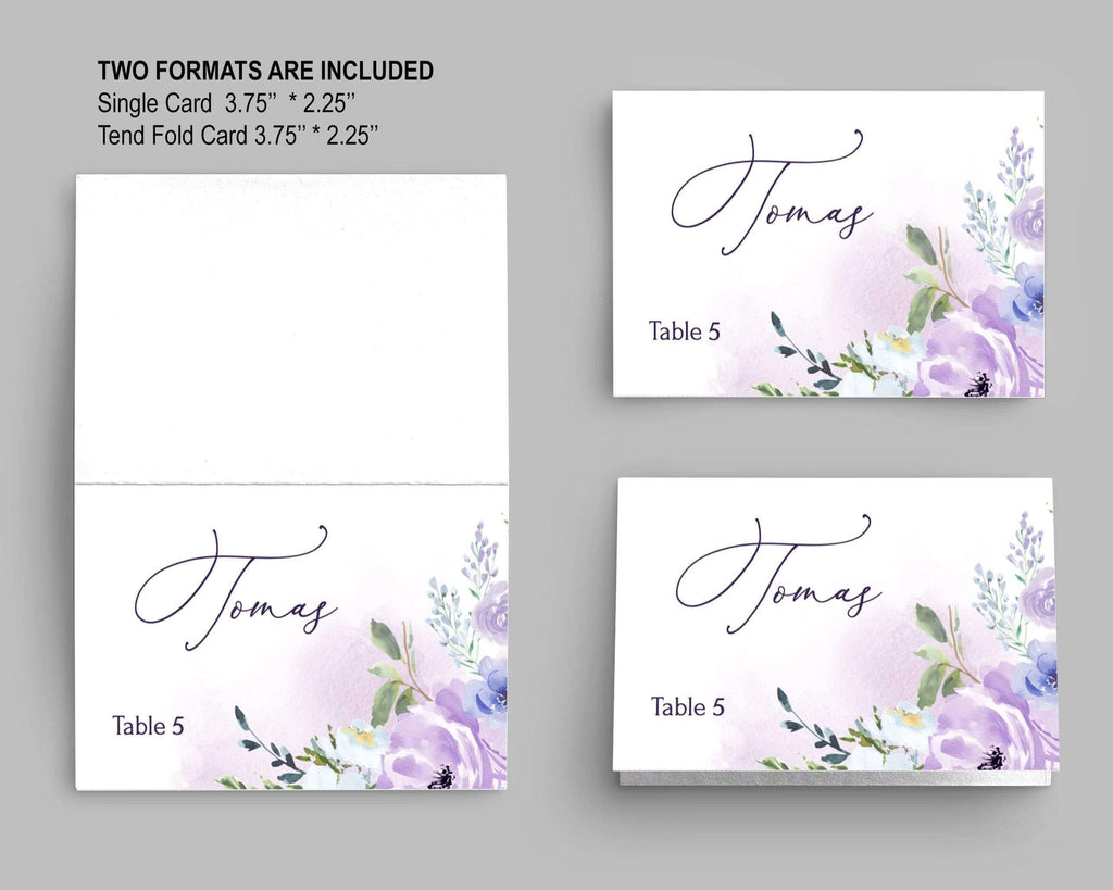 LPE0366 Place Card & Tent Card, Purple Watercolor Wedding, Editable Printables