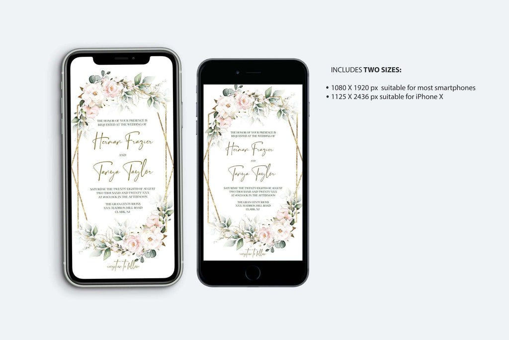 LPE0374 Online Wedding Invite | Pink Roses & Gold | Editable DIY Templates