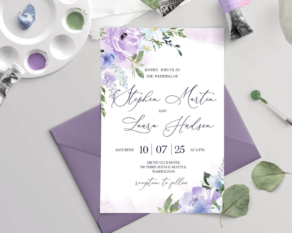 LPE0389 Invitations & Wedding RSVP Cards | Purple Flowers | Editable Templates