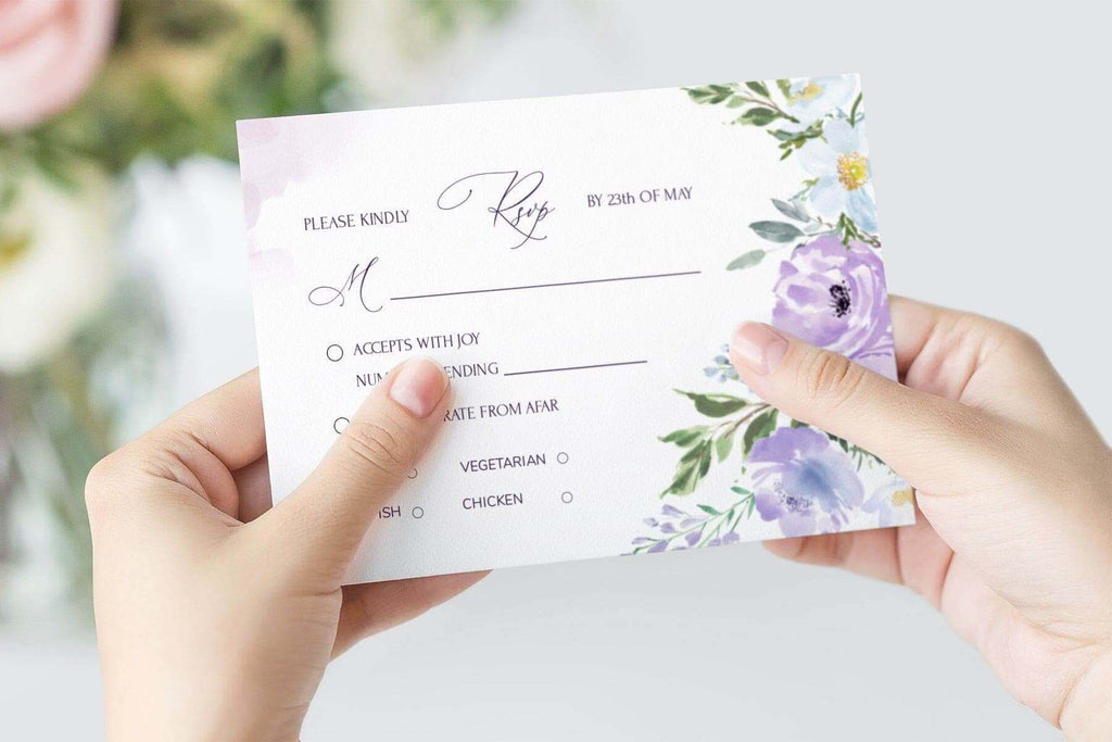 LPE0389 Invitations & Wedding RSVP Cards | Purple Flowers | Editable Templates