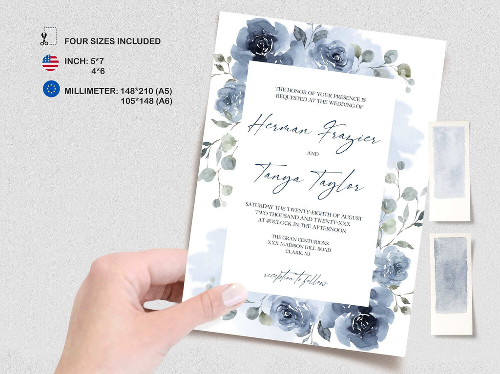 LPE0395 Wedding Invitations with RSVP | Watercolor Dusty Blue | DIY Printables