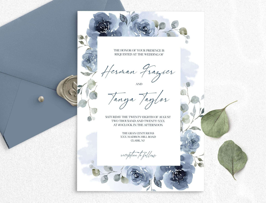 LPE0395 Wedding Invitations with RSVP | Watercolor Dusty Blue | DIY Printables