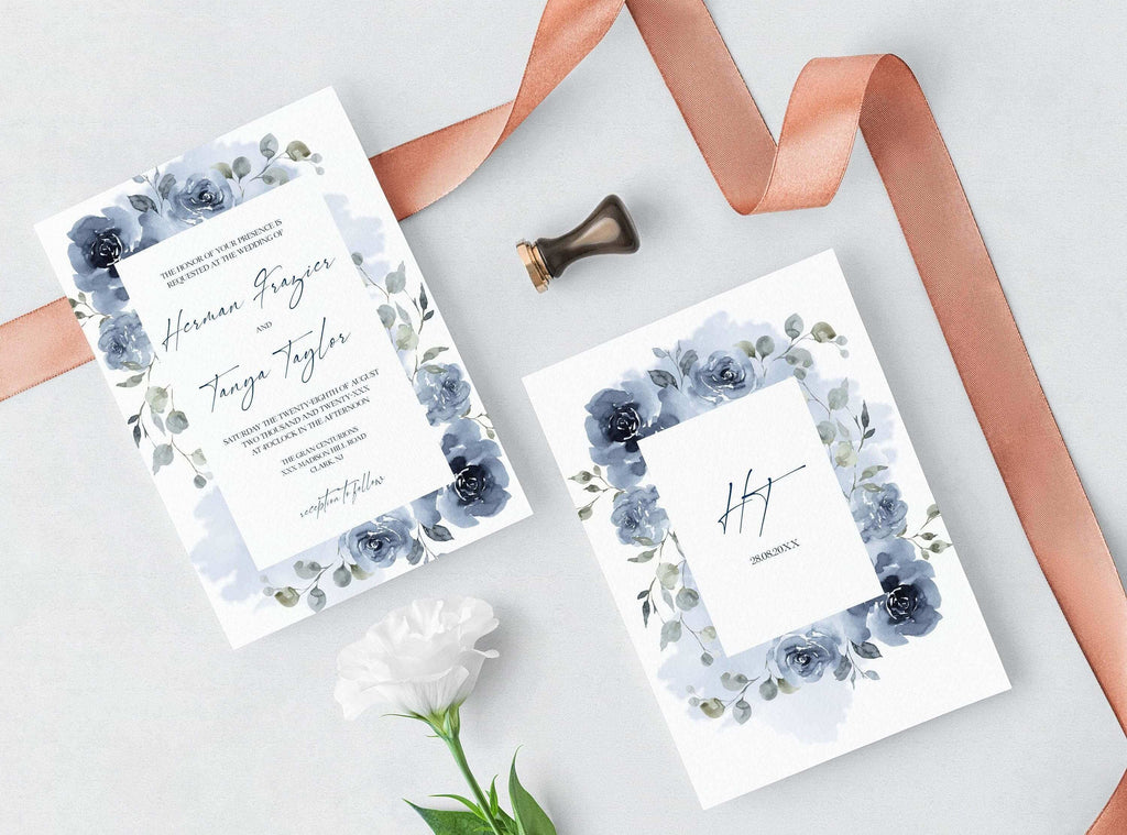 LPE0395 Wedding Invitations with RSVP | Watercolor Dusty Blue | DIY Printables