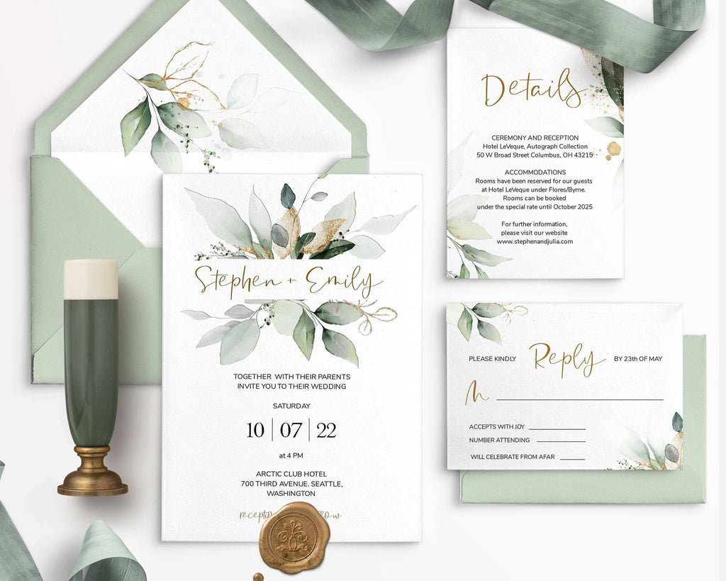 LPE0398 Wedding Invitation Set | Sage Green & Gold | Editable DIY Printables