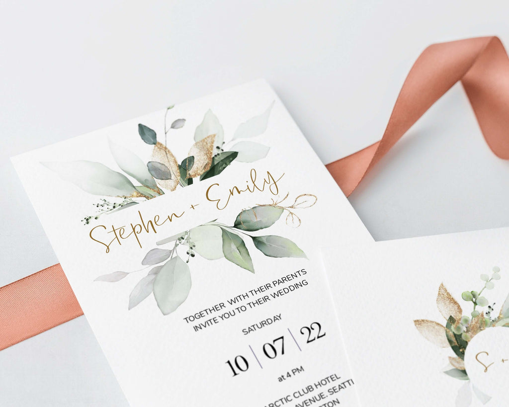 LPE0398 Wedding Invitation Set | Sage Green & Gold | Editable DIY Printables