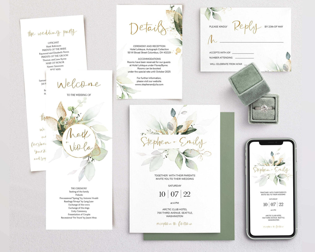 LPE0398 Wedding Invitation Set | Sage Green & Gold | Editable DIY Printables