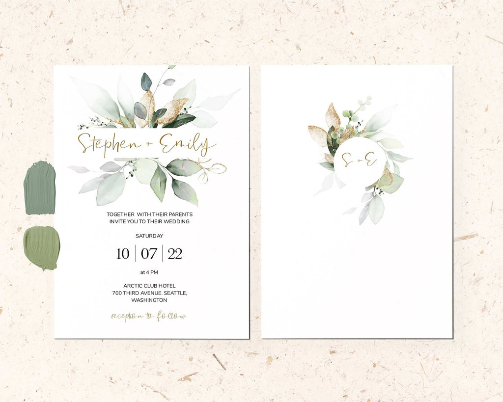 LPE0398 Wedding Invitation Set | Sage Green & Gold | Editable DIY Printables