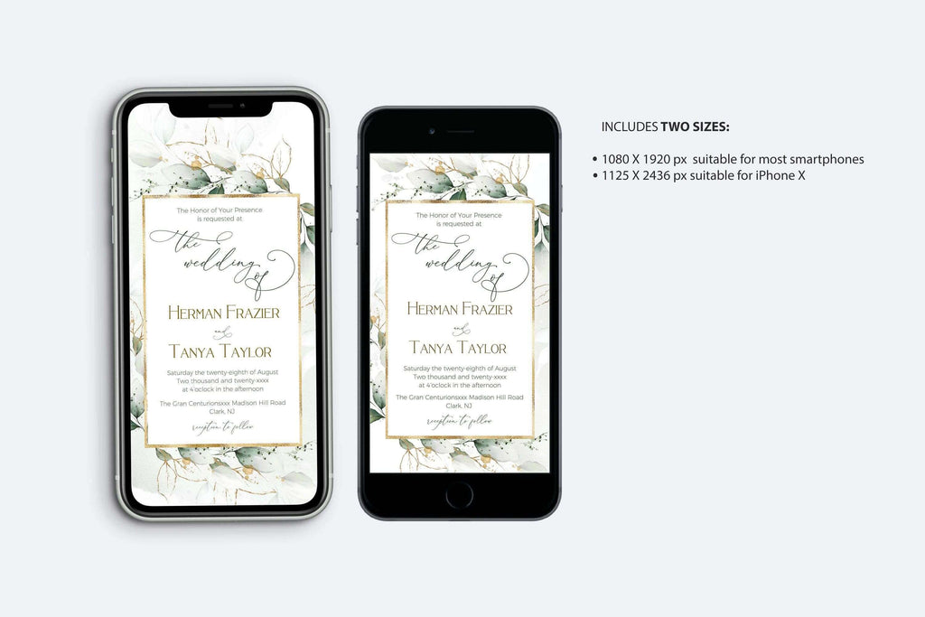 LPE0410 Electronic Wedding Invitations | Greenery & Gold | Editable Templates