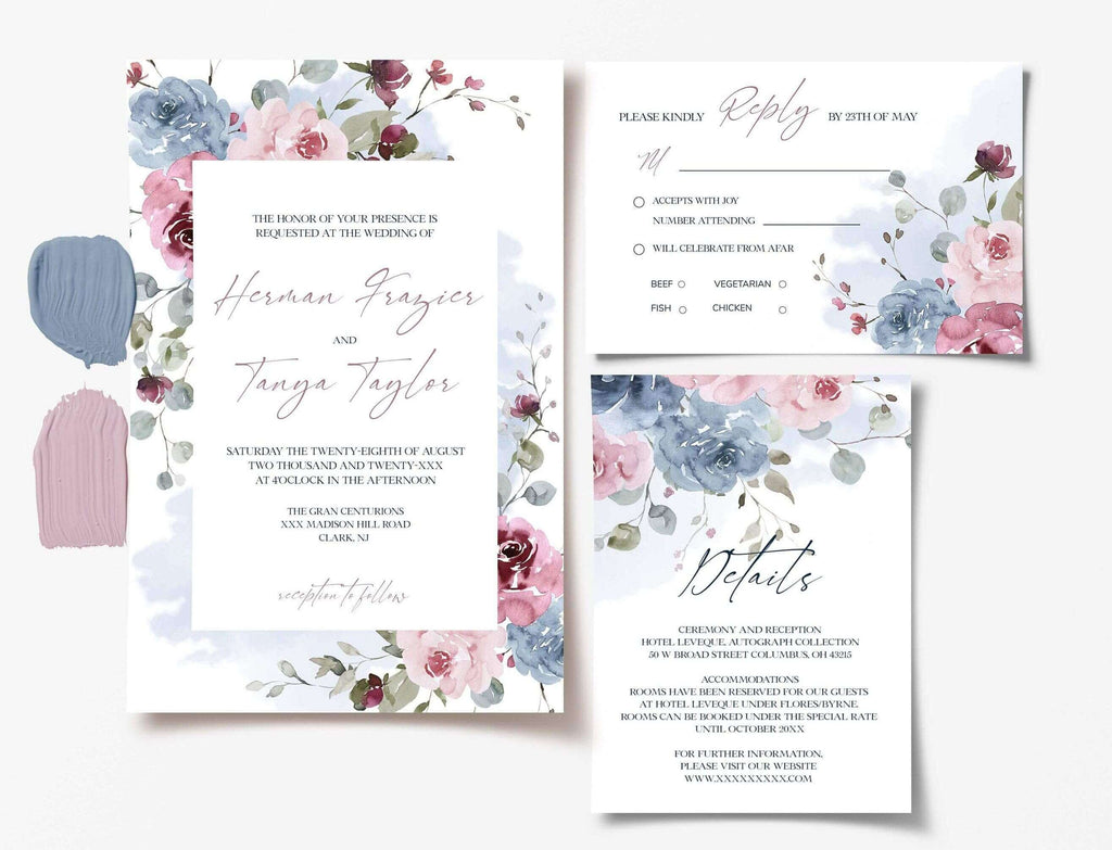LPE0413 Wedding Invitation Suite: Invite, RSVP, Details, Dusy Blue & Pink